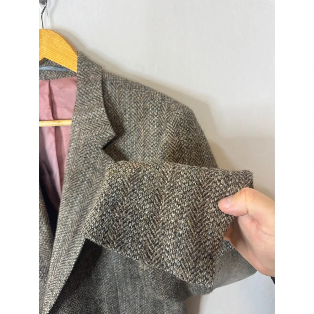 Harris Tweed Mens 40L Tall Brown Herringbone Wool Blazer Elbow Patches